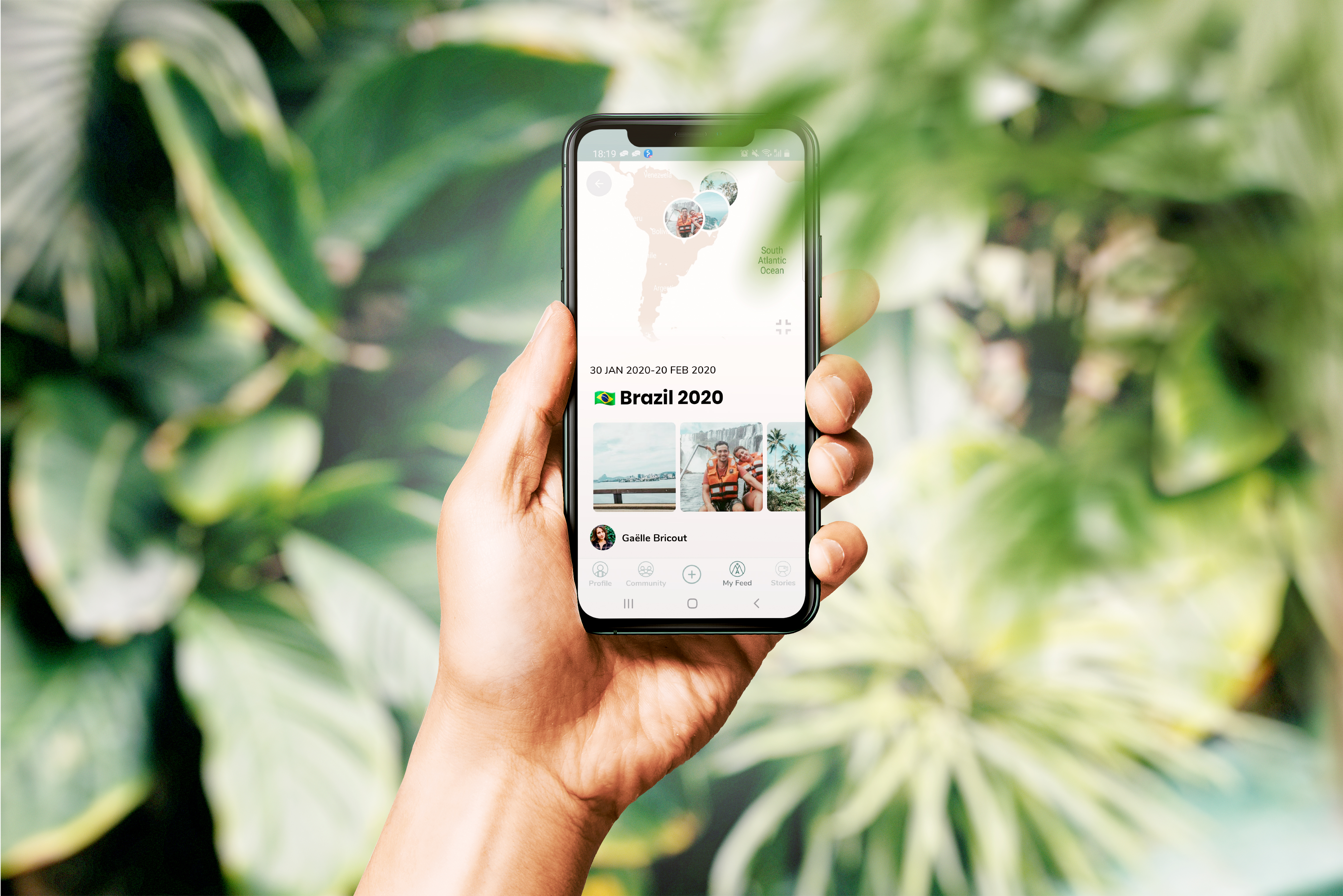 A hand holding the My Travel Tracker app surrounded by tropical leaves