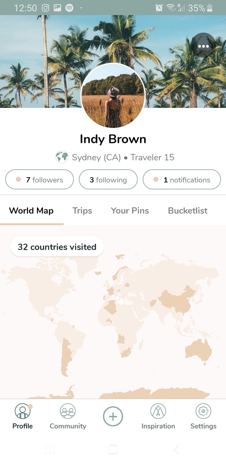 Profile world map — 32 countries visited