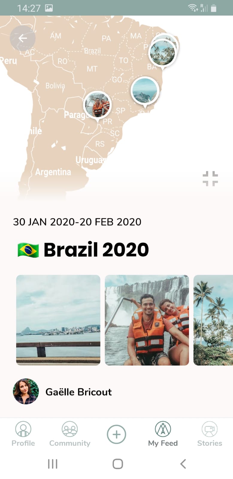Brazil 2020 trip — South America map with pins